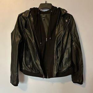 Torrid mixed media hooded faux leather moto jacket size 2